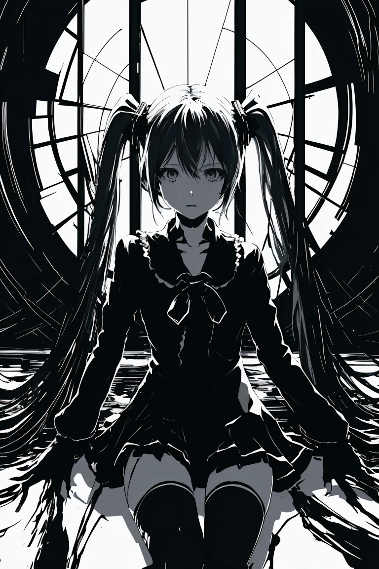 Hatsune Miku、v5lcn style,Ink Art,(highest quality,Tabletop:1.2),(Black and white comic core:1.1),(extremely high contrast),Dark ink,One Girl,Shadow on face、8K,solve,high school girl,Sailor Suit,