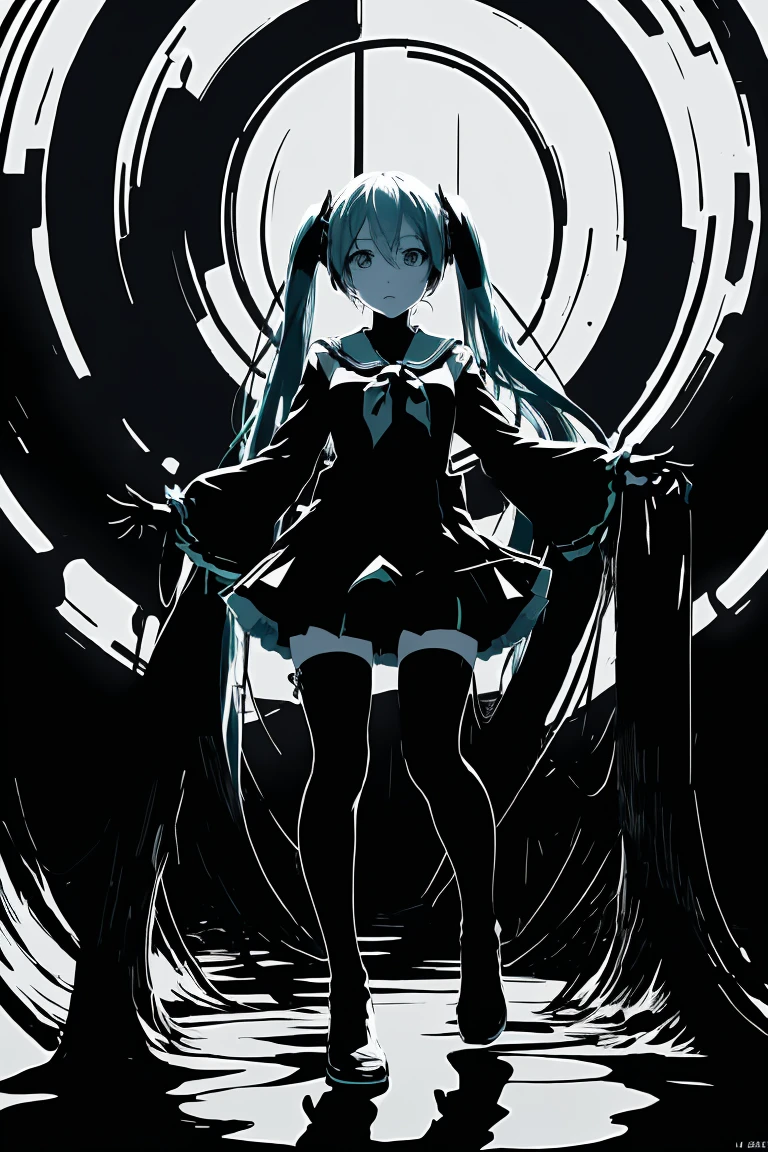 Hatsune Miku、v5lcn style,Ink Art,(highest quality,Tabletop:1.2),(Black and white comic core:1.1),(extremely high contrast),Dark ink,One Girl,Shadow on face、8K,solve,high school girl,Sailor Suit,