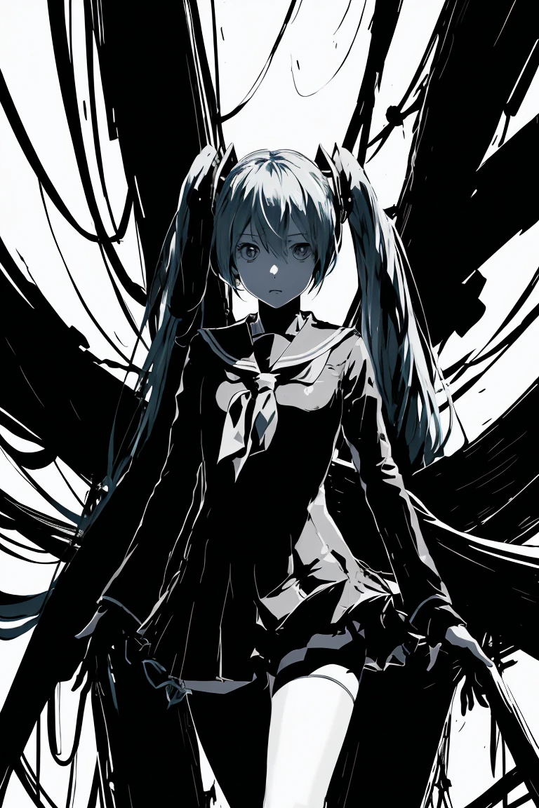 Hatsune Miku、v5lcn style,Ink Art,(highest quality,Tabletop:1.2),(Black and white comic core:1.1),(extremely high contrast),Dark ink,One Girl,Shadow on face、8K,solve,high school girl,Sailor Suit,
