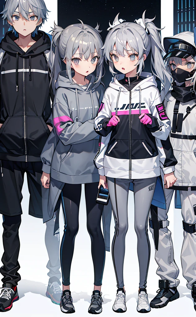 Girl,flat chest,Dissemination,Gray Hair,Grey Hoodie,Gray Eyes,trousers,Technology,Brighter colors。