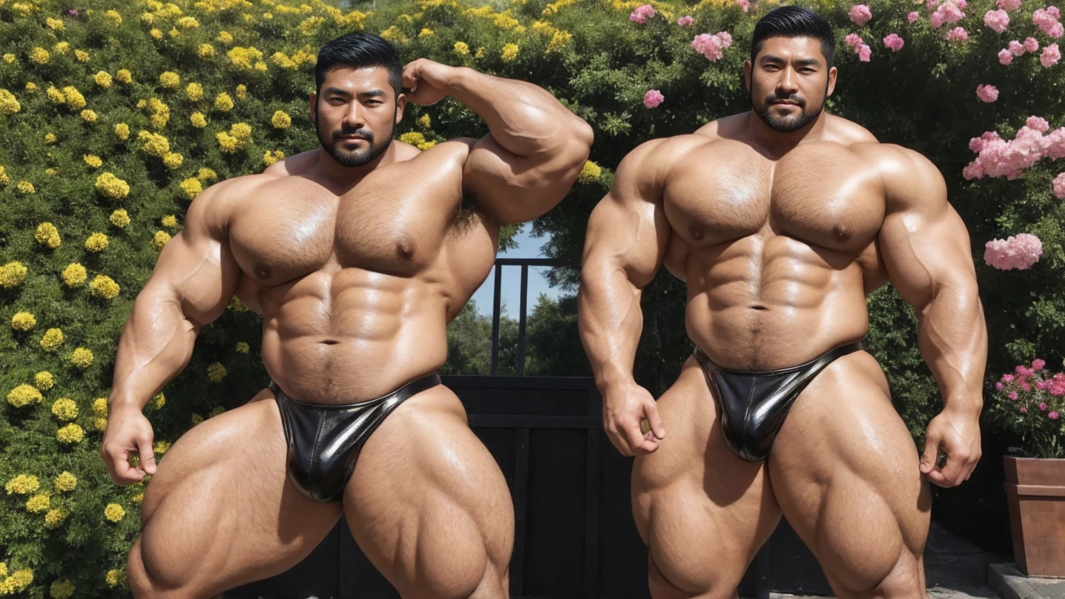 There is only one handsome Asian actor in the photo,35 years old,High target, Fitness,short hair, O-Shaped Beard,Perfect body, Dark skin color,Radiant Skin,Smooth skin,Muscle bulge, muscular, Very large pectoral muscles,Very sexy abdominal muscles,Very well-developed leg muscles,Huge concave and convex area,Brightens oily skin,Wearing black leather shiny thong,Handsome face, Correct and accurate male body proportions, Wear black socks,There are iron chains around the body,Stand among the flowers。