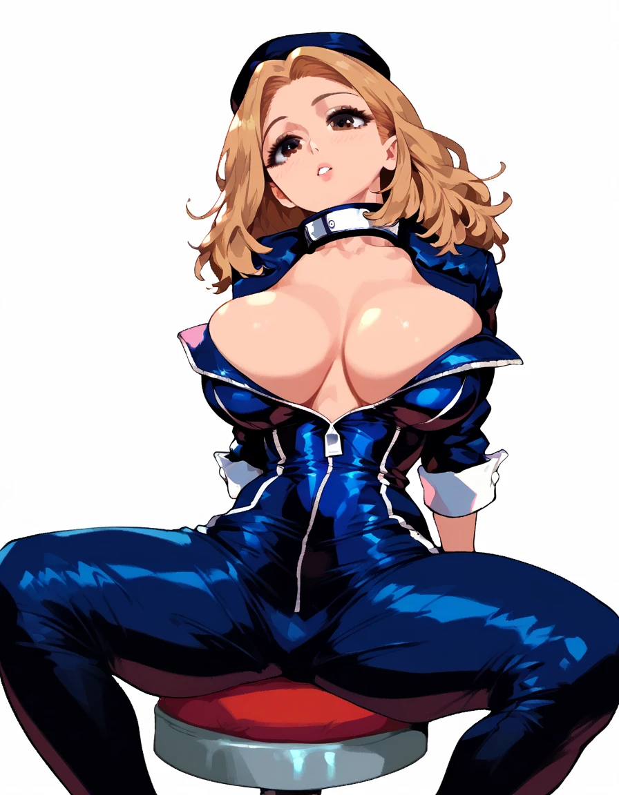 Expressive, score_9, score_8_up, score_9_up,, masterpiece, high quality, highly detailed, 1girl, camie utsushimi, light brown hair, dark brown eyes,big breasts, , round breasts,,,,,, thin waist, sit on stool, white background,,