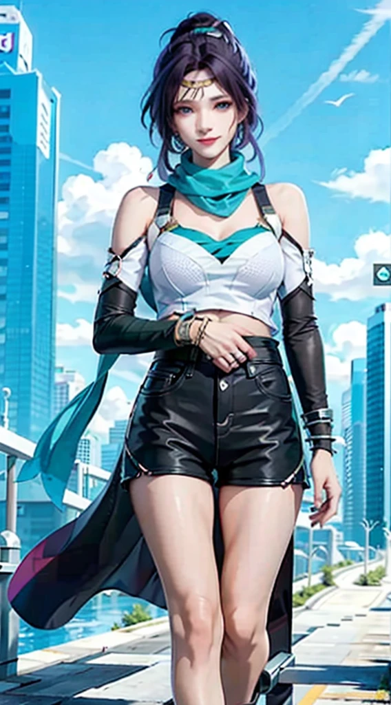 1 girl, ass, bare_shoulders, black_scarf, blue_eyes, blue_scarf, shorts, bracelet, breasts, architecture, city, cityscape, green_scarf, grin, hand_on_hip, lamppost, looking_at_viewer, medium_breasts, noon, night, scarf, short_hair, silver_ hair, skyscraper, smile, solo, spiked_bracelet, sports_bra, sweatband, watch, white_hair, white_scarf, wristband, watch