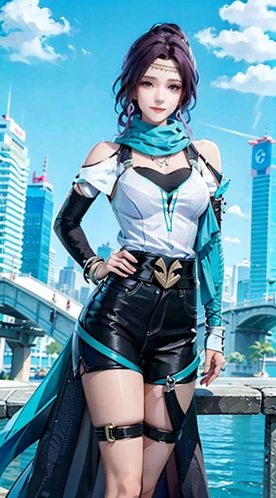 1 girl, ass, bare_shoulders, black_scarf, blue_eyes, blue_scarf, shorts, bracelet, breasts, architecture, city, cityscape, green_scarf, grin, hand_on_hip, lamppost, looking_at_viewer, medium_breasts, noon, night, scarf, short_hair, silver_ hair, skyscraper, smile, solo, spiked_bracelet, sports_bra, sweatband, watch, white_hair, white_scarf, wristband, watch