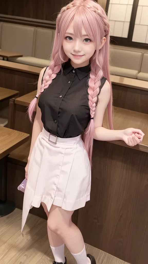 high-level image quality、Anime girl with long hair and restaurant uniform posing for photo、Shibuya、full body Esbian、(A smile:1.5)、sayori, Anime visuals of cute girls, anime moe art style, loli in dress, Anime girl in restaurant uniform, pretty anime girl, (Anime Girl), Cute anime girl, Cute anime waifu in restaurant uniform, charming anime girls, Have a walkie-talkie、Beautiful anime girl, Rin, Smooth Anime CG Art、(Pink hair), Ear Hair, , Single braid, (Single braid), (Side braid)
