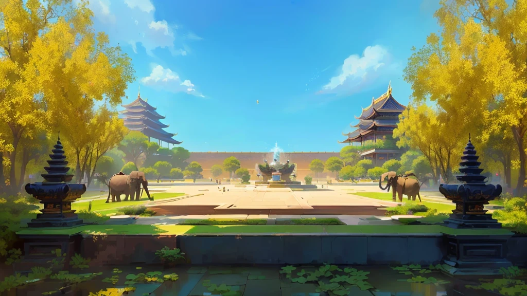 there is a painting of a courtyard with a fountain and elephants gold stone, arena background, mobile game background, background art, background artwork, palace background, game background, temple background, volley court background, zen temple background, anime background art, royal garden background, amazing wallpaper, anime background, 2 d game art background, park background, anime scenery concept art, videogame background, Cassia fistula, far architect thailand