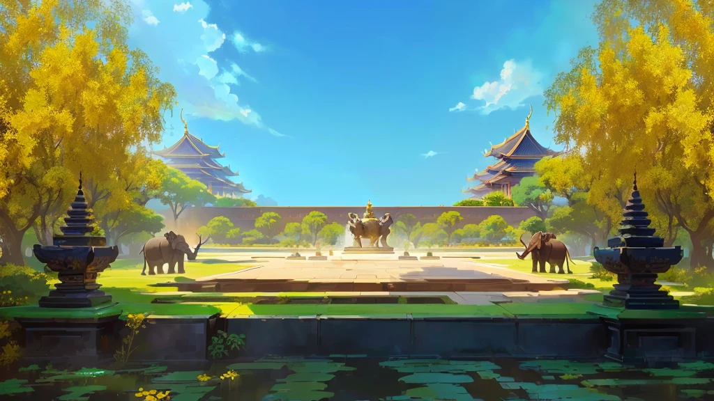 there is a painting of a courtyard with a fountain and elephants gold stone, arena background, mobile game background, background art, background artwork, palace background, game background, temple background, volley court background, zen temple background, anime background art, royal garden background, amazing wallpaper, anime background, 2 d game art background, park background, anime scenery concept art, videogame background, Cassia fistula, far architect thailand