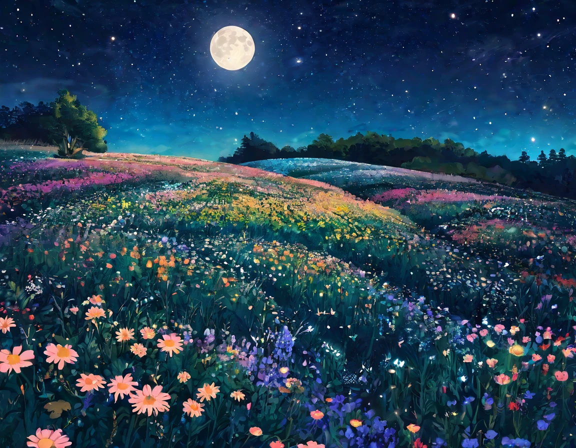 Wildflowers，The night sky is full of flowers，✨🕌🌙，Beautiful as the moon，Moonlight at night，Hippie in the cabin，Hannah Moon，Moonlight，Flower fields at night，Traditional Moon，Moonlight的夜晚