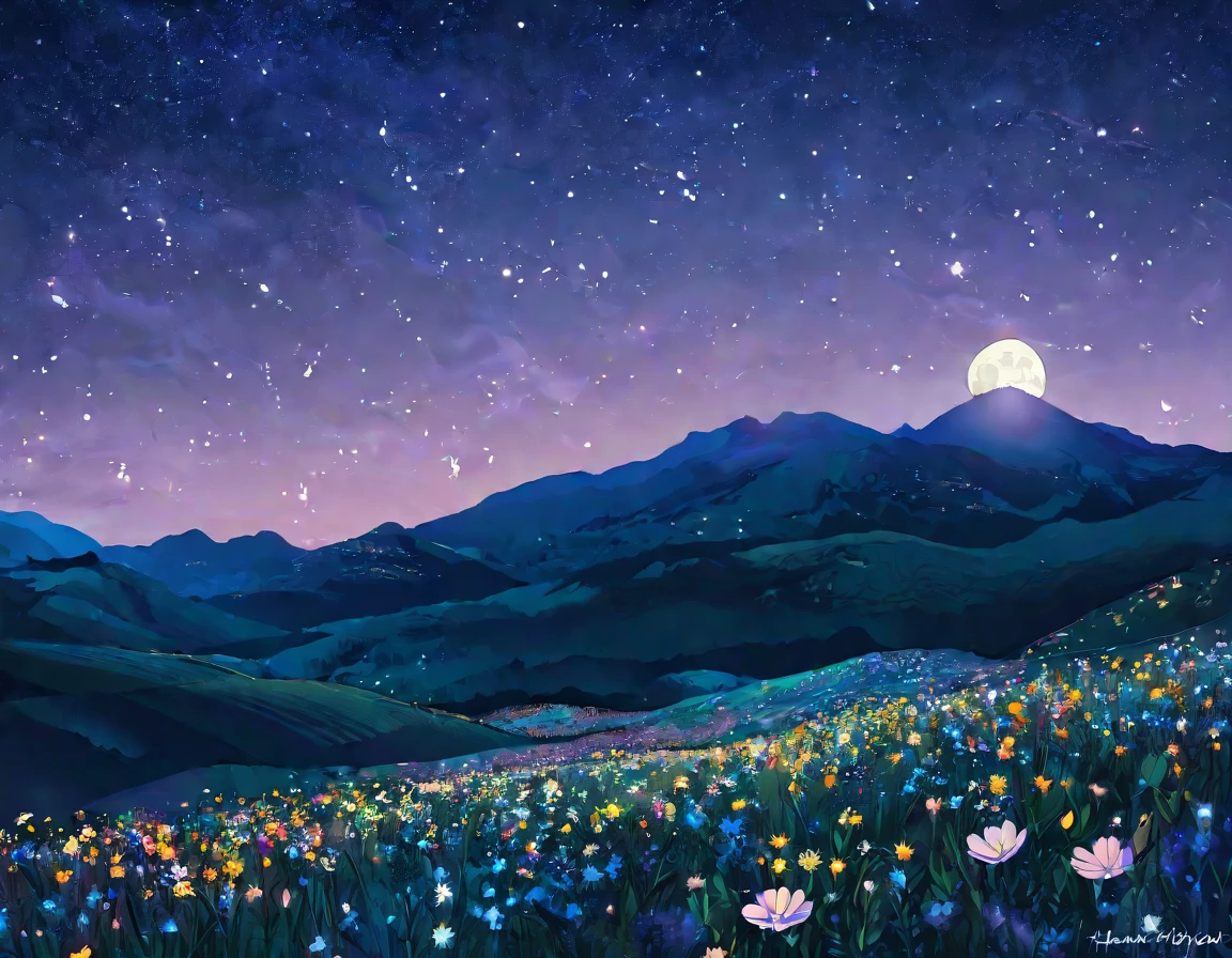 Wildflowers，The night sky is full of flowers，✨🕌🌙，Beautiful as the moon，Moonlight at night，Hippie in the cabin，Hannah Moon，Moonlight，Flower fields at night，Traditional Moon，Moonlight的夜晚