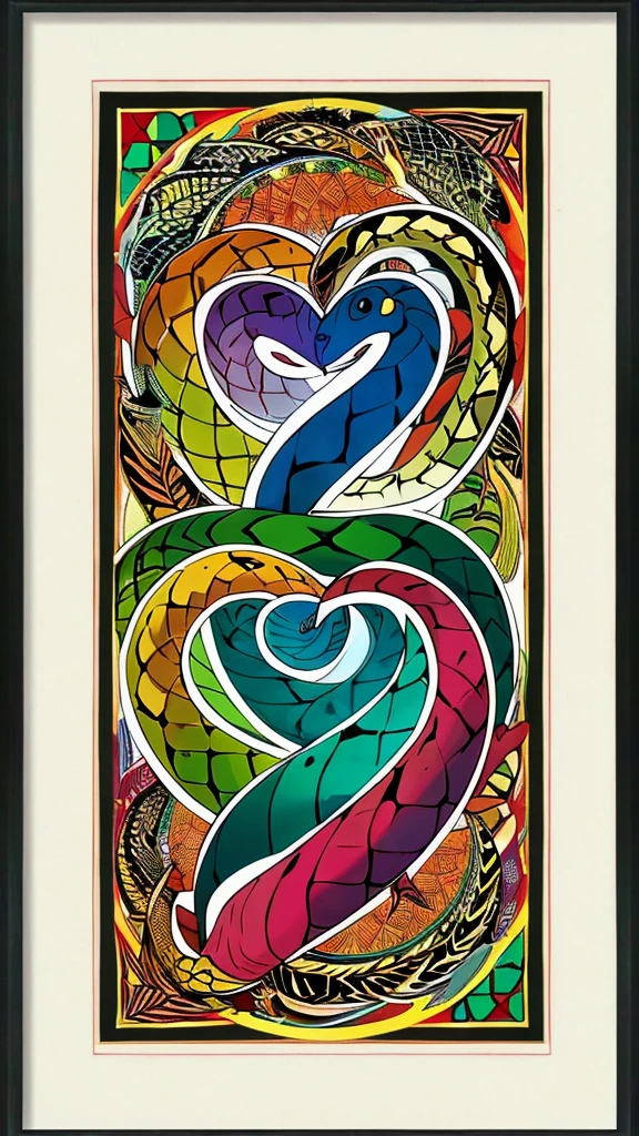 In the foreground, a snake wraps around a patterned magic wand. The image is made in high quality and framed by a vignette of intertwined trees in the shape of a heart.
In centre large letter "H" is depicted at the top in the center. The image is made in graphics.