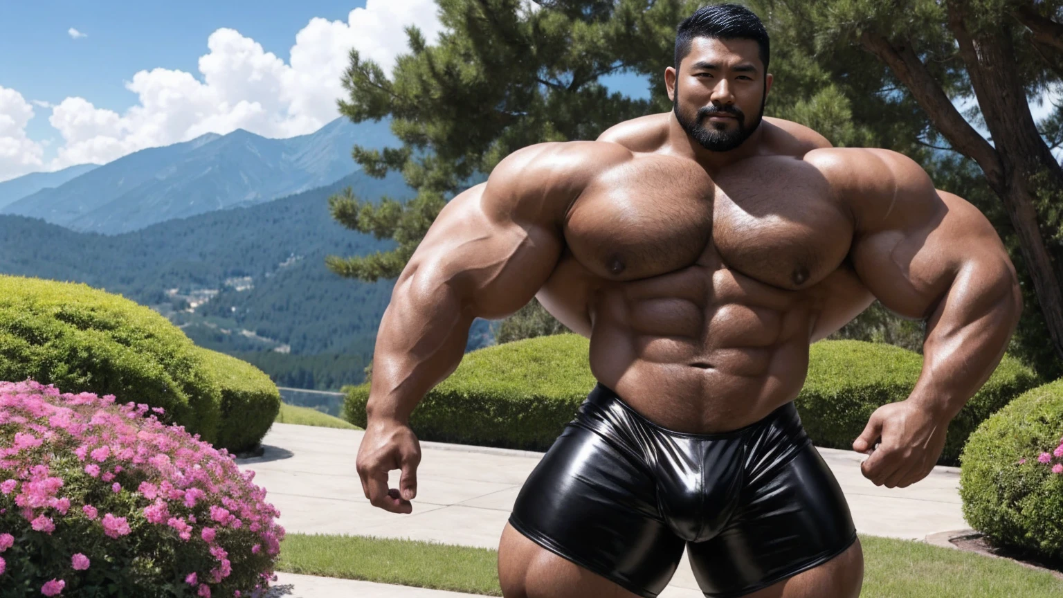 There is only one handsome Asian actor in the photo,35 years old,High target, Fitness,short hair, O-Shaped Beard,Perfect body, Dark skin color,Radiant Skin,Smooth skin,Muscle bulge, muscular, Very large pectoral muscles,Very sexy abdominal muscles,Very well-developed leg muscles,Huge concave and convex area,Brightens oily skin,Wearing black leather shiny thong,Handsome face, Correct and accurate male body proportions, Wear black socks,There are iron chains around the body,Stand among the flowers。