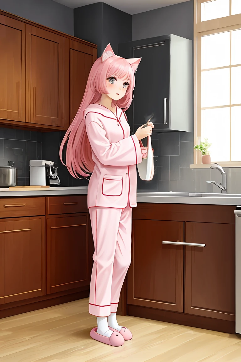 score_9,score_8_up,score_7_up,masterpiece, top quality, best quality, official art, beautiful and aesthetic, animation, , 1girl with cat ear, perfect figure, pink hair, complicated details, kitchen, standing, grievance, lovely hooded pajamas, extremely generous. It has a cat pattern on it, a long tube of cotton socks, cute little slippers and long pink hair ,