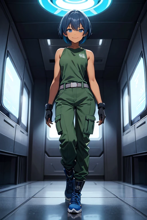 Anime Art、Full body portrait、Inside the spaceship、A dark-skinned woman, about 155cm tall and about , wearing a tank top and a dark green jumpsuit, walking、Happy smile、Blue Eyes、Short medium hairstyle、Blue Hair、gloves、sports boots、Flat chest