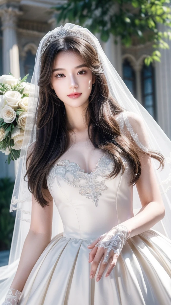 (best quality, masterpiece:1.2), (Practical:1.3),, (ultra-Detailed background, Detailed background), Bokeh,, , Gorgeous ball gown, Luxurious Ball Gown, Wedding dress, Wedding Veil, Bridal Gloves, Bridal Cascading Bouquet,, Upper Body,, Church Wedding,, , 1 Girl, Lovely, teenager, Strike a pose, Smile,, Dynamic Angle, Dynamic poses,, , Very long hair