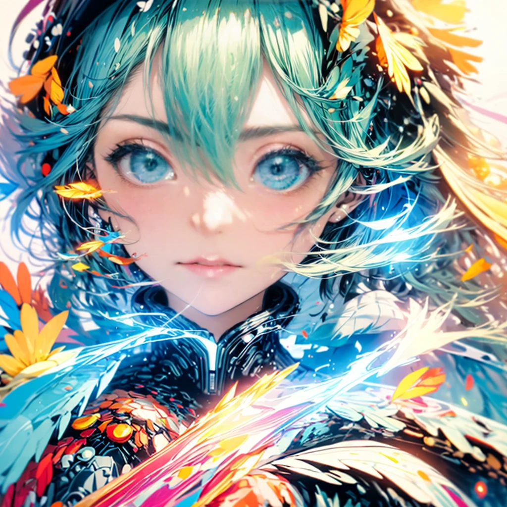 Highest quality,masterpiece, Cinematic, Girl,Green hair Blue eyes,cyber punk,(Particles of light),neon,Lights fly