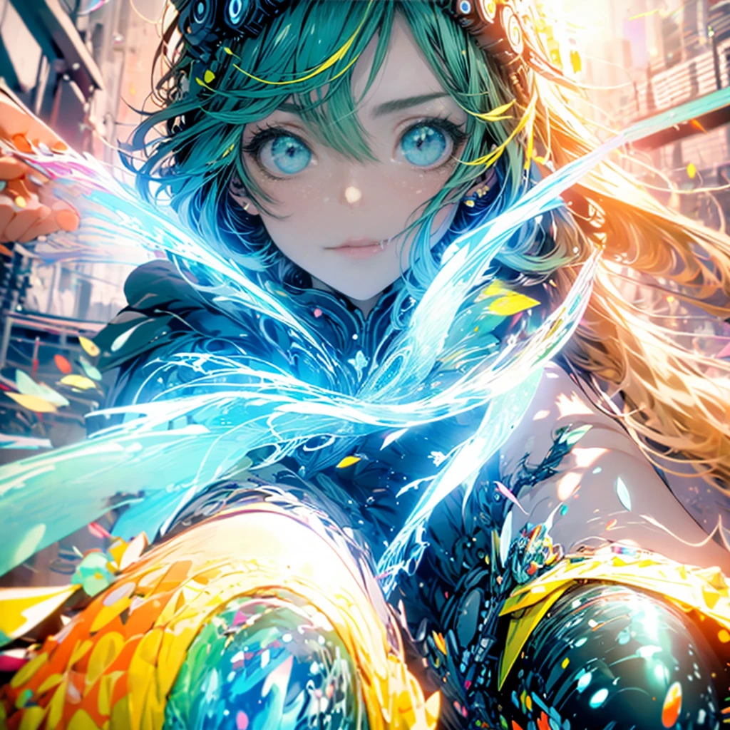 Highest quality,masterpiece, Cinematic, Girl,Green hair Blue eyes,cyber punk,(Particles of light),neon,Lights fly