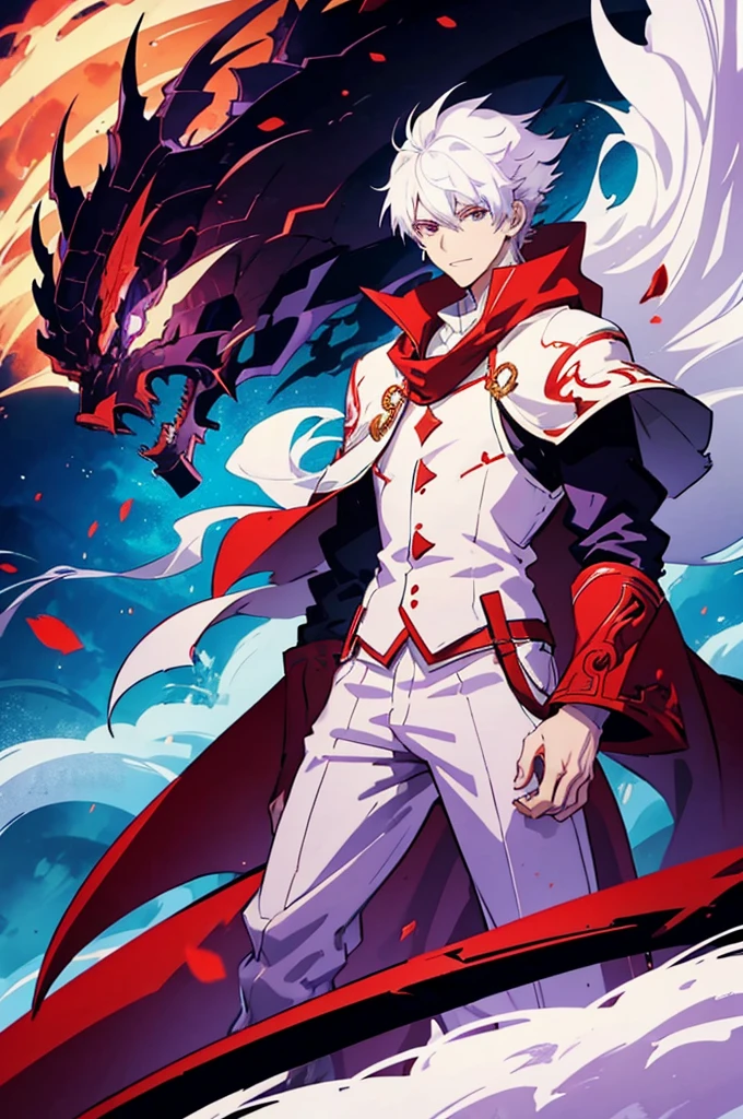 25 years old anime man with white hair, Wearing a Red cloak, Standing in front of a dragon, With one hand in his pocket, And purple aura in a form of smoke emerging out of his body.