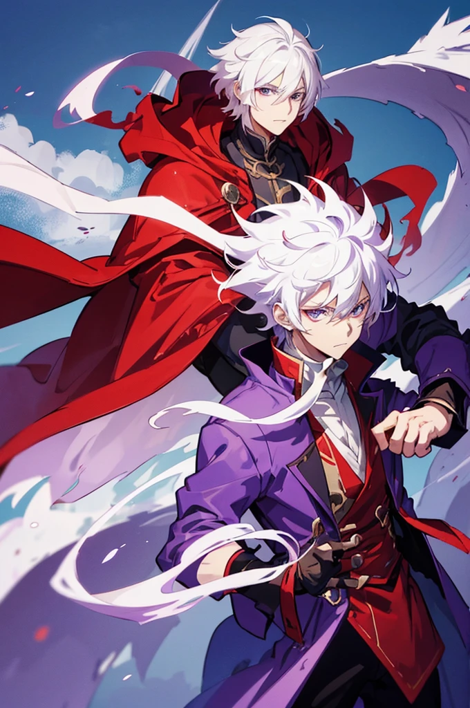 25 years old anime man with white hair, Wearing a Red cloak, Standing in front of a dragon, With one hand in his pocket, And purple aura in a form of smoke emerging out of his body.