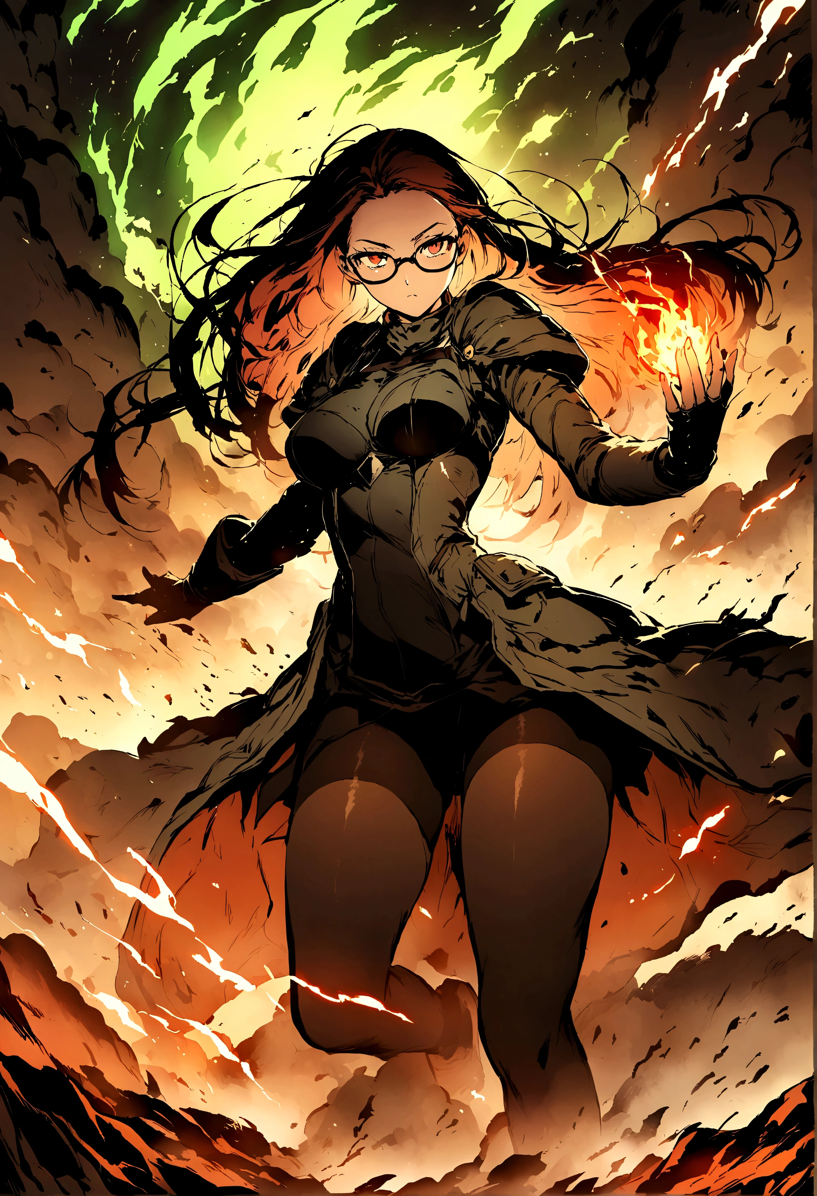 ((Tights))，future technology，Illustration style，Long hair，beautiful，battlefield，dust，Dark，Glasses