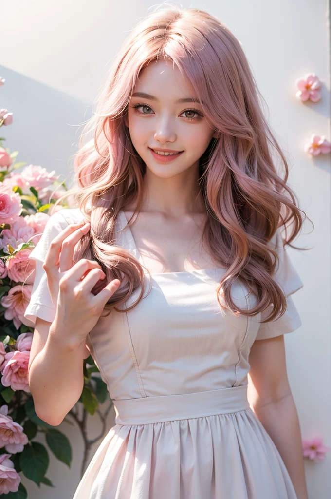 Highest quality, 8K, smile, Light pink hair, Pink Eyes, Pink and white, Cherry leaves, Vibrant colors, White Dress, Paint splashes, Simple Background, Ray Tracing, Wavy Hair