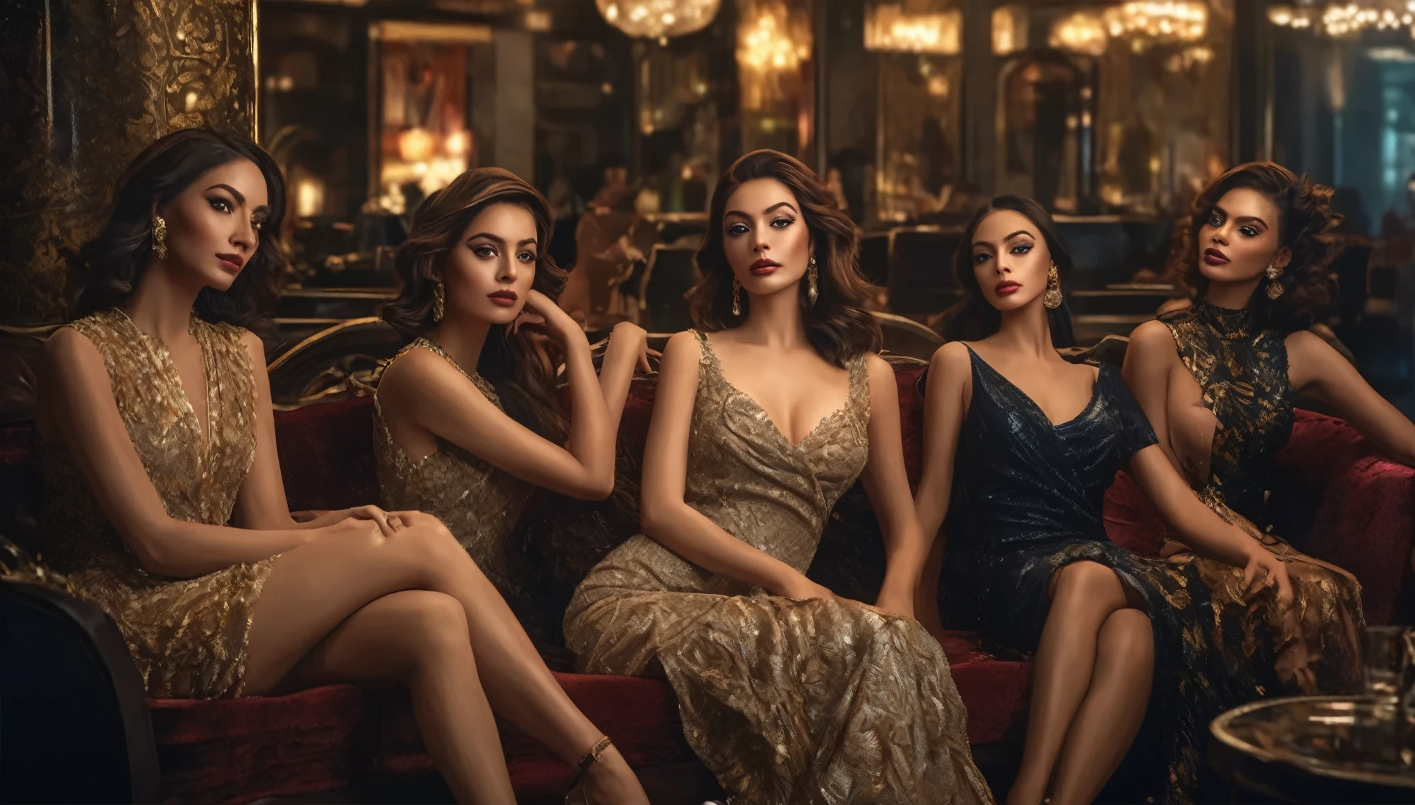 a group of women lounging in a brothel lobby, beautiful detailed eyes, beautiful detailed lips, extremely detailed eyes and face, long eyelashes, elegant dresses, luxurious interior, ornate furnishings, dramatic lighting, (best quality,4k,8k,highres,masterpiece:1.2),ultra-detailed,(realistic,photorealistic,photo-realistic:1.37),dramatic chiaroscuro lighting, moody atmosphere, oil painting, cinematic