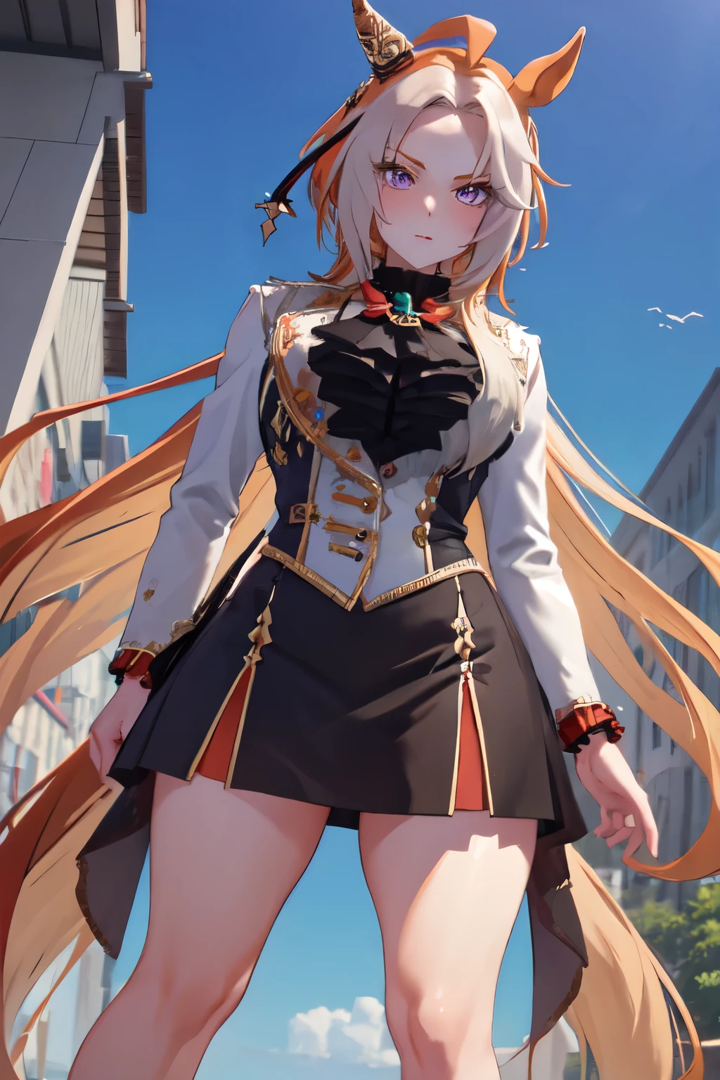 masterpiece, Highest quality, 1 person,( Are standing, View your viewers),Detailed Background、A person who writes in detail、Accurate human body、Knowledgeable person、Accurate 5 fingers, woman,Thick thighs,Curvy body,alone, orfevre\(umamusume\),black short skirt