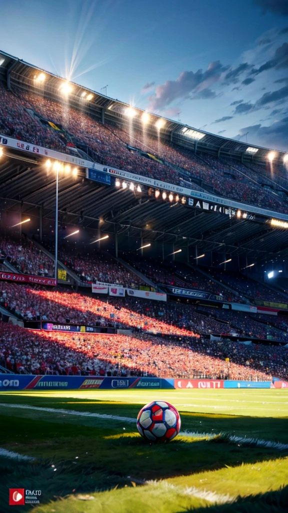 a beautiful detailed landscape of a football stadium, a large crowd of people in the stands, detailed players on the field, UEFA EURO 2024 logo, (best quality,8k,highres,masterpiece:1.2),ultra-detailed,(realistic,photorealistic,photo-realistic:1.37),dynamic lighting,cinematic composition,dramatic angles,vibrant colors,highly detailed fans,professional sports photography