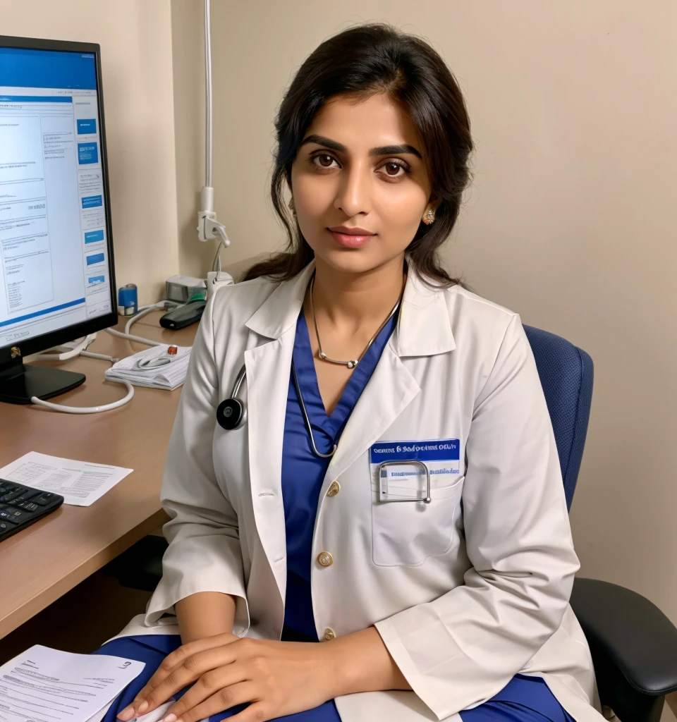 "A Pakistani lady doctor sitting at her desk with straight body postures and stethoscope and chair in her clinic, wearing Cort and pant ,looking straight at the camera with an expression of readiness to speak, professional and composed, traditional beauty, confident and serene, surrounded by medical files and equipment like medicine and wearing stethoscope , medical machine , modern and well-organized clinic, exuding warmth and intelligence,