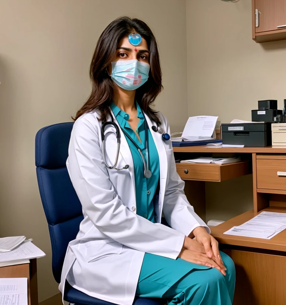 "A Pakistani lady doctor sitting at her desk with straight body postures and stethoscope and chair in her clinic, wearing Cort and pant ,looking straight at the camera with an expression of readiness to speak, professional and composed, traditional beauty, confident and serene, surrounded by medical files and equipment like medicine and wearing stethoscope , medical machine , modern and well-organized clinic, exuding warmth and intelligence,