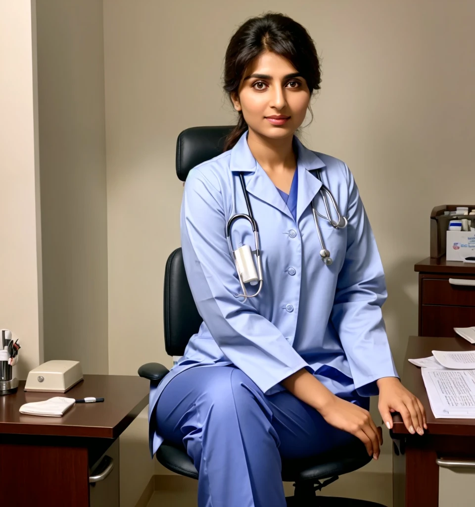 "A Pakistani lady doctor sitting at her desk with straight body postures and stethoscope and chair in her clinic, wearing Cort and pant ,looking straight at the camera with an expression of readiness to speak, professional and composed, traditional beauty, confident and serene, surrounded by medical files and equipment like medicine and wearing stethoscope , medical machine , modern and well-organized clinic, exuding warmth and intelligence,