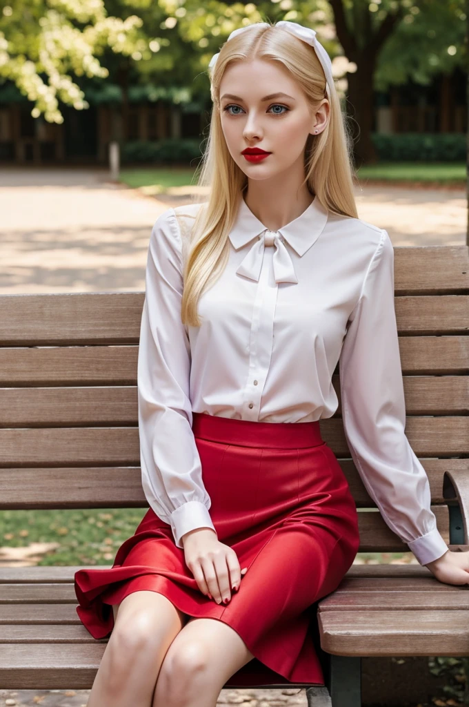 A very tall girl, with very pale skin, blonde hair and violet eyes, long eyelashes and red lips, she is sitting on a bench, She has a red skirt and a white blouse with a bow