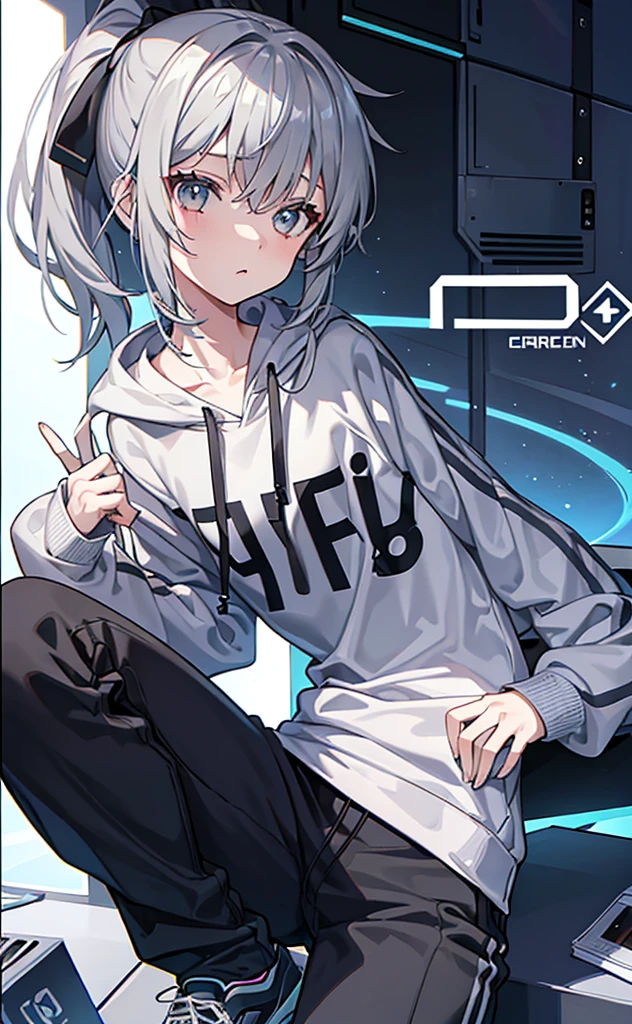 Girl，flat chest，Dissemination，Gray Hair，Grey Hoodie，Gray Eyes，trousers，Technology，Brighter colors。individual，High Ponytail