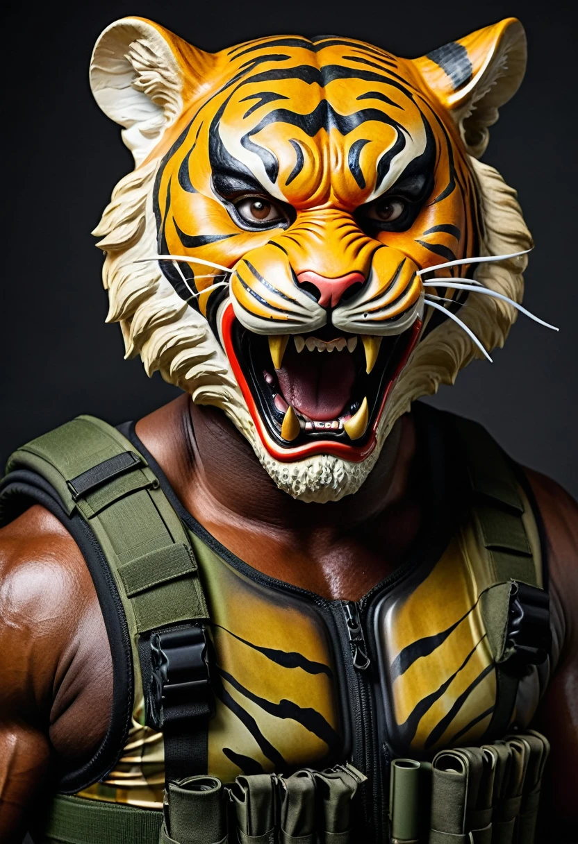(a dark-skinned muscular fat old man in a bulky camouflage zipper diver suit) carrying a rifle and (wearing proportionate realistic roaring tiger mask that show the wearer eyes), muscular, Bruce Onobrakpeya, sumatraism, stanley artgermm, muscular physique, imposing stature, action, heroic, fierce, snarling, best quality