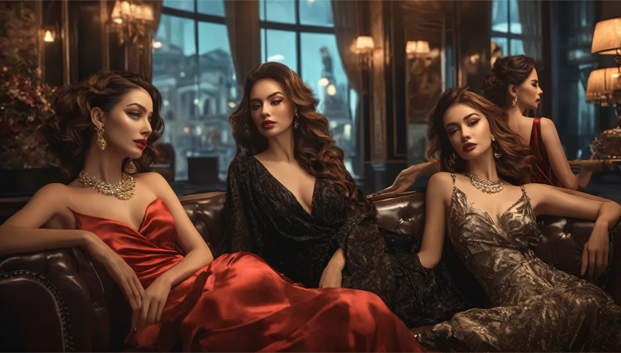 a group of women lounging in a brothel lobby, beautiful detailed eyes, beautiful detailed lips, extremely detailed eyes and face, long eyelashes, elegant dresses, luxurious interior, ornate furnishings, dramatic lighting, (best quality,4k,8k,highres,masterpiece:1.2),ultra-detailed,(realistic,photorealistic,photo-realistic:1.37),dramatic chiaroscuro lighting, moody atmosphere, oil painting, cinematic