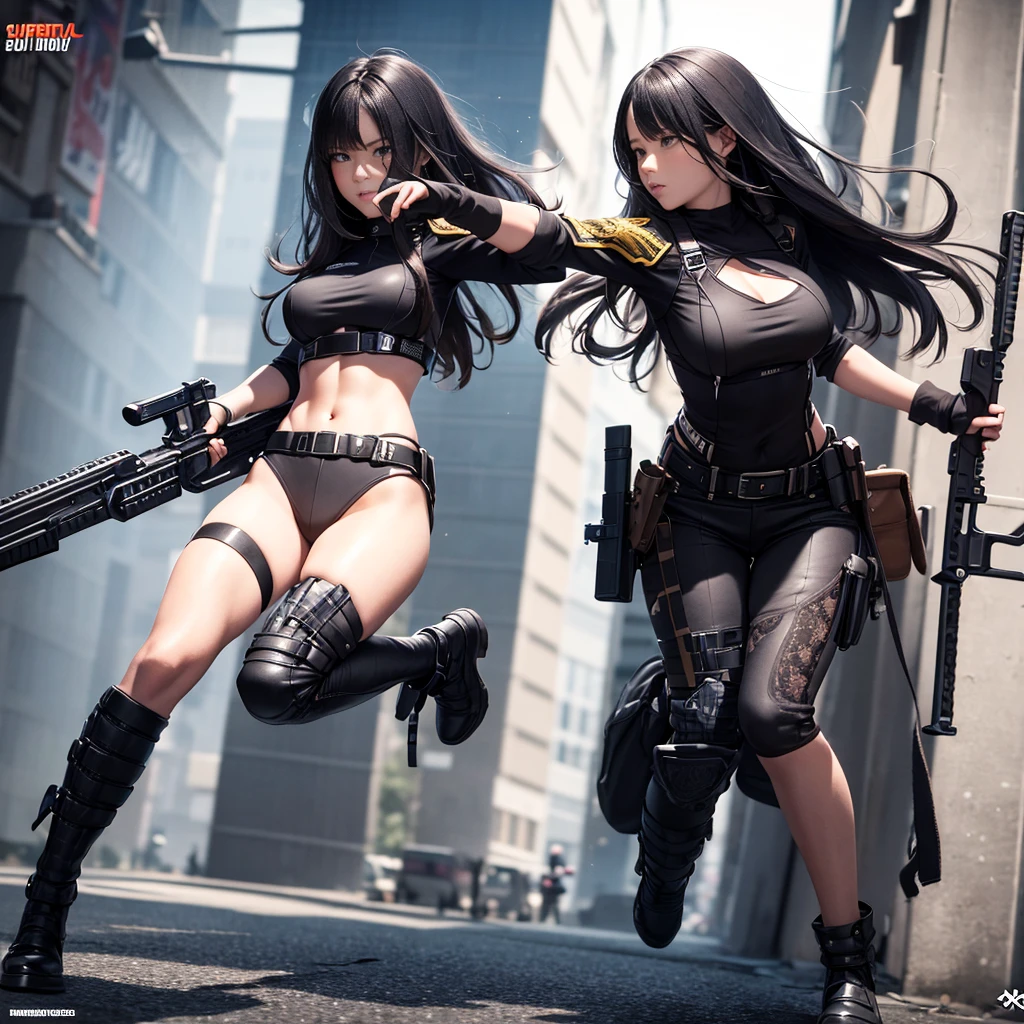 Combat Actions, Holding Weapons, Full Body,BLACK LONG HAIR, Super Sexy ,ultra-detailed, ((High resolution)),((high detailed))