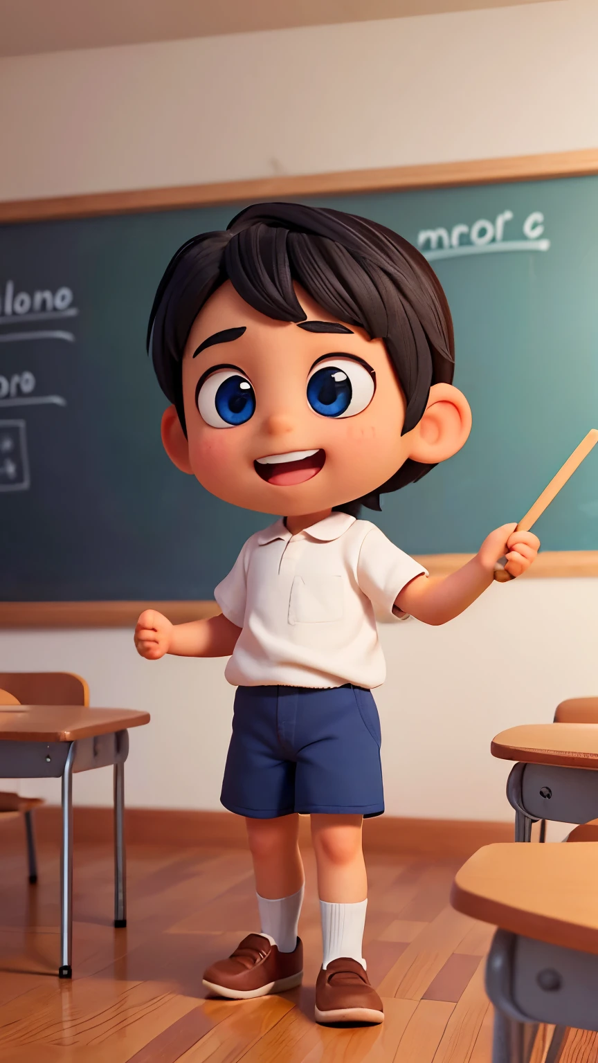 A little boy (dark hair, big eyes) stands in the corner of the classroom, wearing clean sports shorts, with a relieved smile on his face. The background is still in the classroom. Dynamic, 3D realism, realistic animation, detailed emotions, Pixar style, detailed and rich, 9:16 vertical image.