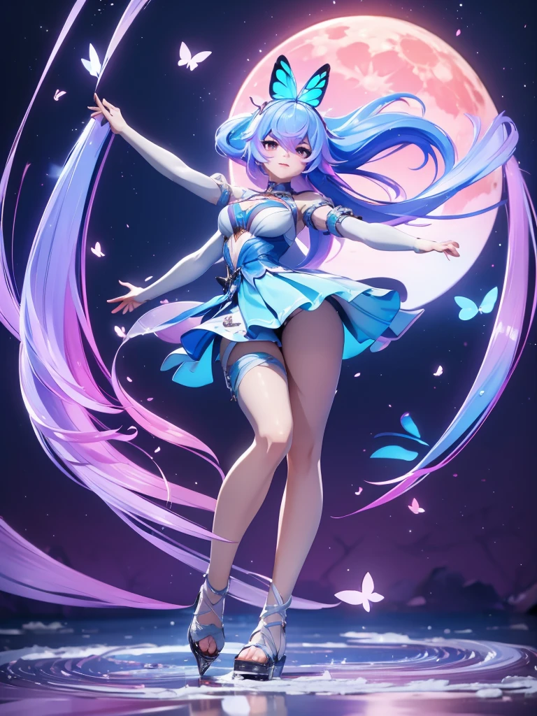 Seizo Watase style, Simple Line Initialism,Abstract art, 3d character, colorful hearts ,(((The most beautiful girl of all time))), (full body 1.2), only girl, long hair, bufferfly and sky background, 20 year old, full body, (((8k))), (((3d)), blue and pink hair, Large butterfly wings on the back, moon, look from back, dancing in ice