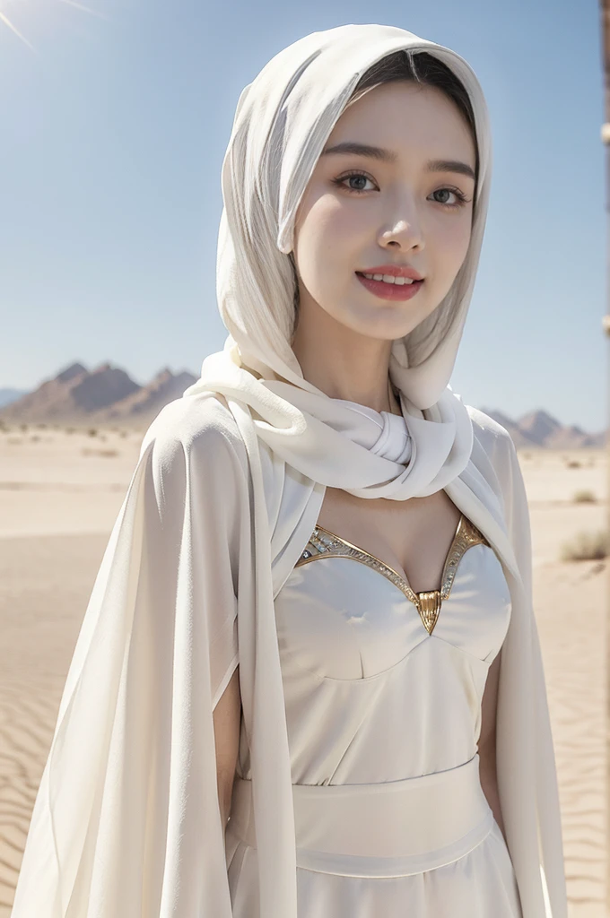 (((best quality))),(((ultra detailed))),(((masterpiece))),illustration,((A beautiful Muslim girl,solo)),((slim,thin)),summer,(in desert:1.3),white headscarf,(white abaya:1.3),(standing:1.3),(laughing:1.2),fair complexion,sun rays,gentle breeze,elegant attire,vast expanse,golden sand,azure sky,dunes,stillness,graceful elegance,(from front:1.3),(upper body:1.3),(small breasts:1.2),(flat chest:1.2),(arms behind back:1.2),(cleavage:1.3)