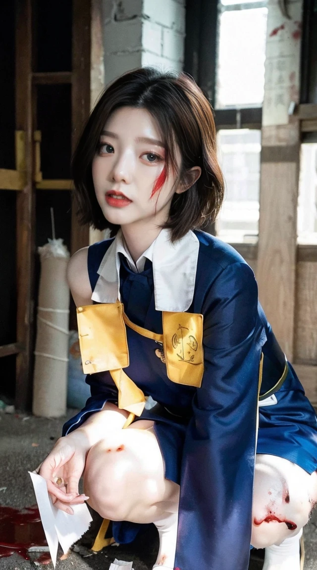 RAW, masterpiece, super fine photo, best quality, super high resolution, realistic, moonlight, night, a beauty, short hair, delicate features, perfect face, big breasts, yellow rune paper on the face, a lot of Taoist rune paper pasted on the body, Qing dynasty official uniform, white bandages with blood s wrapped around the whole body, female zombie, Hong Kong Lin Zhengying zombie movie character, squatting on the ground, pale skin, fair skin, shiny skin, vampire teeth, amazing beauty, dynamic pose, delicate face, abandoned warehouse background, messy, Gorgeous, High Detail Skin, Realistic Skin Detail, Sharp Focus, Volumetric Light, 8k UHD, DSLR, High Quality, Film Grain, Realism