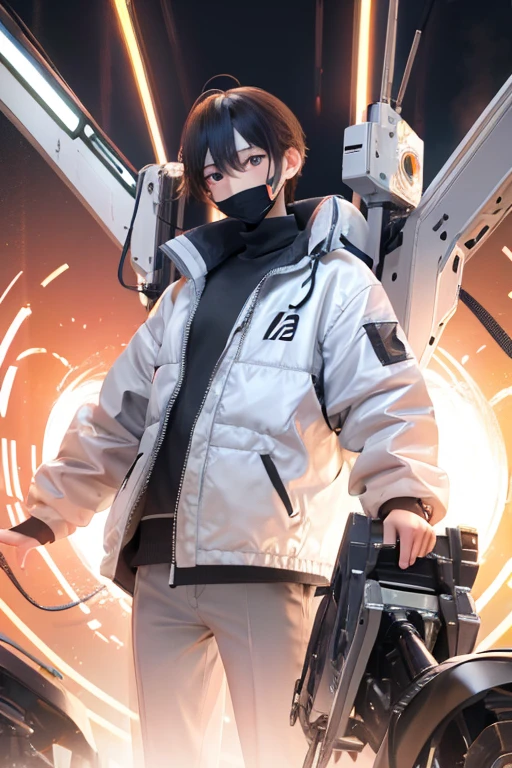 ung man、Captured by the machine、Outstretched Hands、Men have black hair、The machine is gray、Wearing a machine mask
