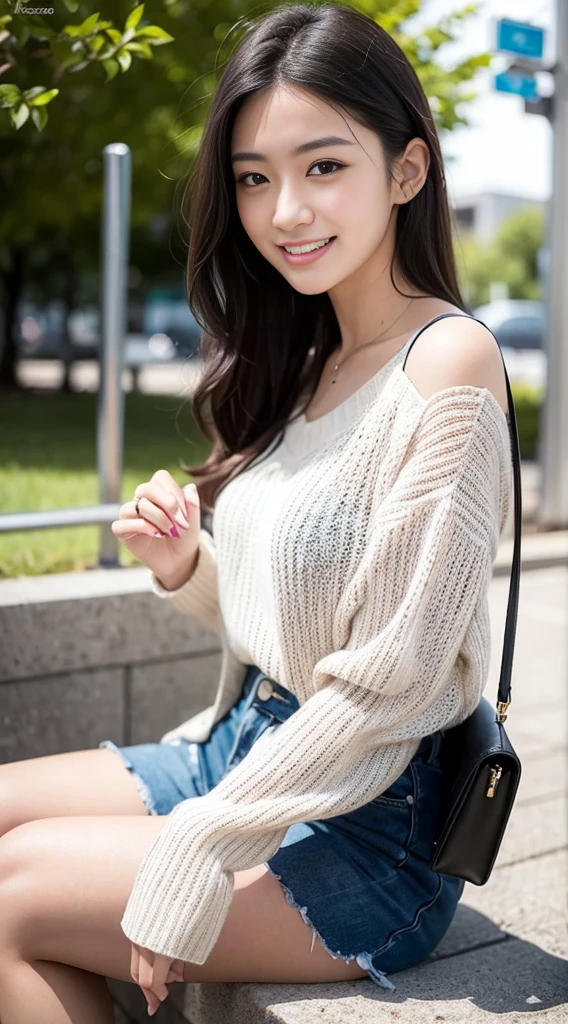 (8K,RAW Photos、RAW Photos、Highest quality、Masterpiece:1.2)、Ultra-detailed、Super Resolution、(Photorealistic:1.3)、Frontal shooting angle、Clearly depict the shadows of light、High resolution raw color photos、Professional photography、Same skin type as humans、Japan female proofreading from head to waist、Blur the background、Drawing faithful to anatomy、Cafe、Very detailed and beautiful、Ultra HD、length、Her hair is swinging and sexy、Highly detailed beautiful girls、（Pink Eyeshadow）、smile、Private Server、 to the park on a sunny day、loosely curled hair、sweater、High heels、Shoulder bag、白いsweaterとピンクのスカートを着て写真を撮る女、