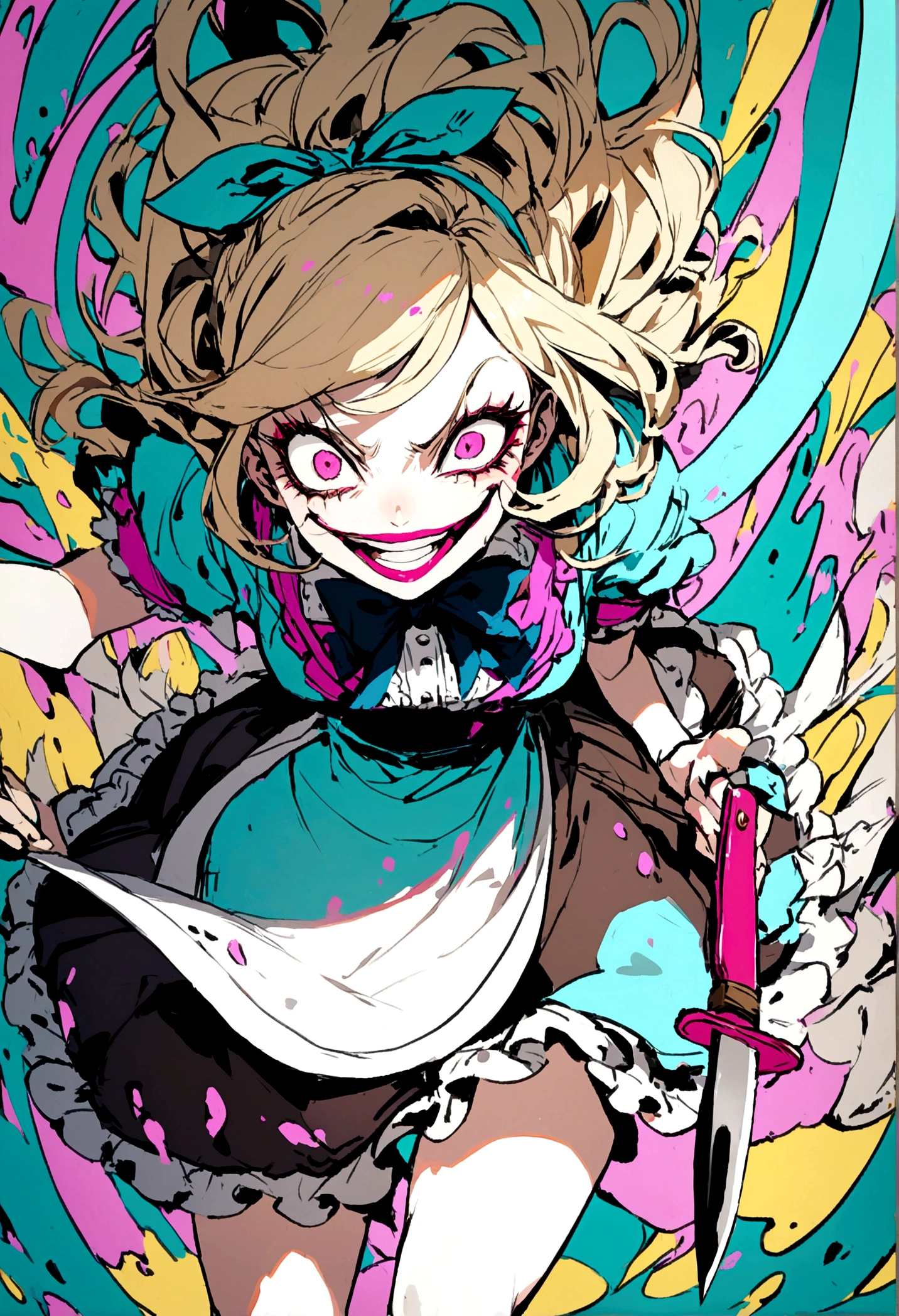 Alice in wonderland with knife, crazy smile