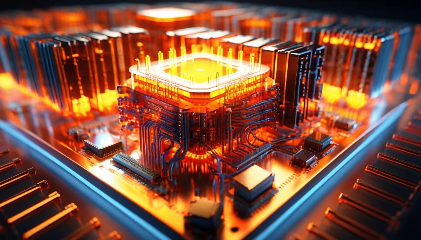 Orange,Chipset,Product Close-up,Close-up of the Photogram,Rendering,C4D,AI intelligence,Binary data stream,3d多重architecture,ultra-high definition texture details,integrated circuit,cpu,network,Data Stream Channel,Special effect,(The emitted light converges in the middle:1.5),container_architecture