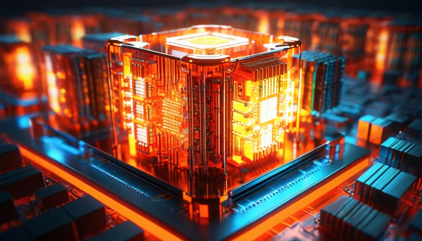 Orange,Chipset,Product Close-up,Close-up of the Photogram,Rendering,C4D,AI intelligence,Binary data stream,3d多重architecture,ultra-high definition texture details,integrated circuit,cpu,network,Data Stream Channel,Special effect,(The emitted light converges in the middle:1.5),container_architecture