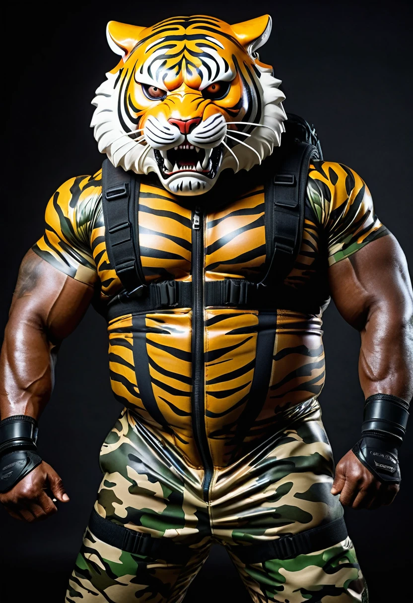 (a dark-skinned muscular fat old man in a bulky camouflage zipper diver suit) carrying a rifle and (wearing proportionate realistic roaring tiger mask that show the wearer eyes), muscular, Bruce Onobrakpeya, sumatraism, stanley artgermm, muscular physique, imposing stature,  action, heroic, fierce, snarling, best quality
