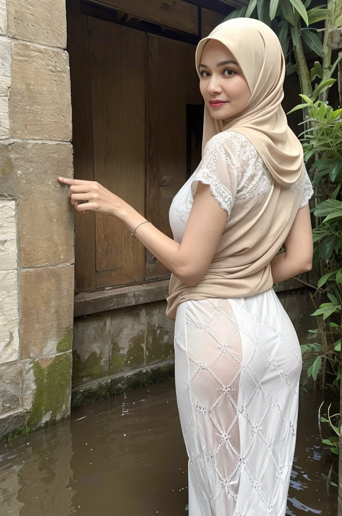 Hijab, 63-year-old mother, very skinny body, big breasts playing in very deep flood water, white lace, The ass is standing 