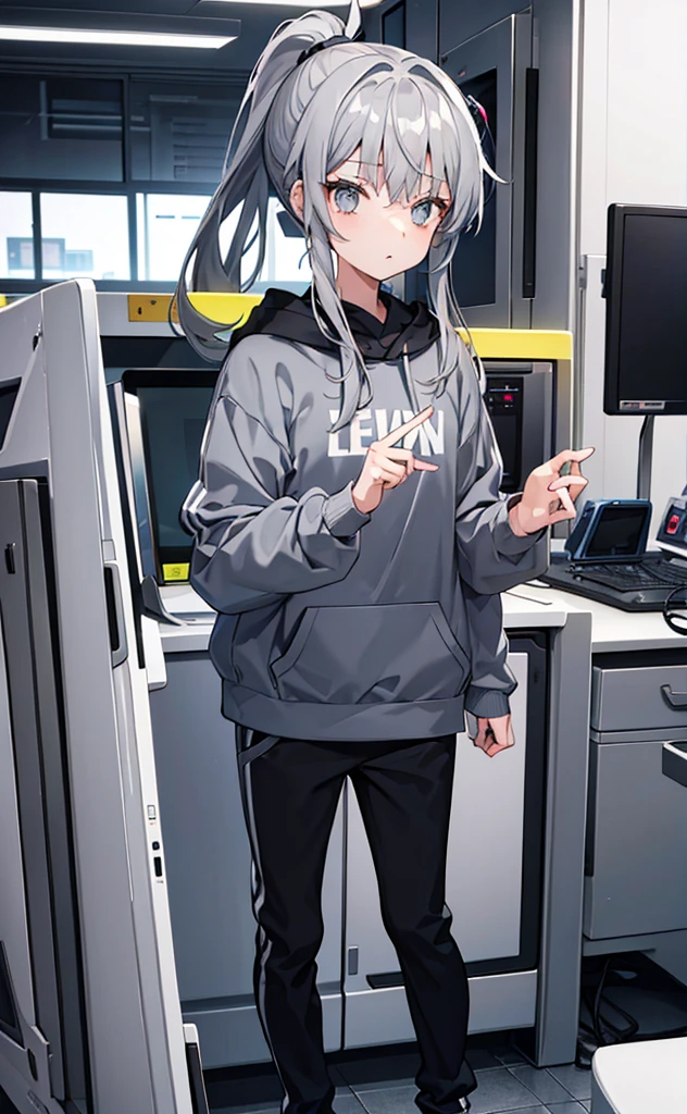 Girl，flat chest，Dissemination，Gray Hair，Grey Hoodie，Gray Eyes，trousers，Technology，Brighter colors。individual，High Ponytail