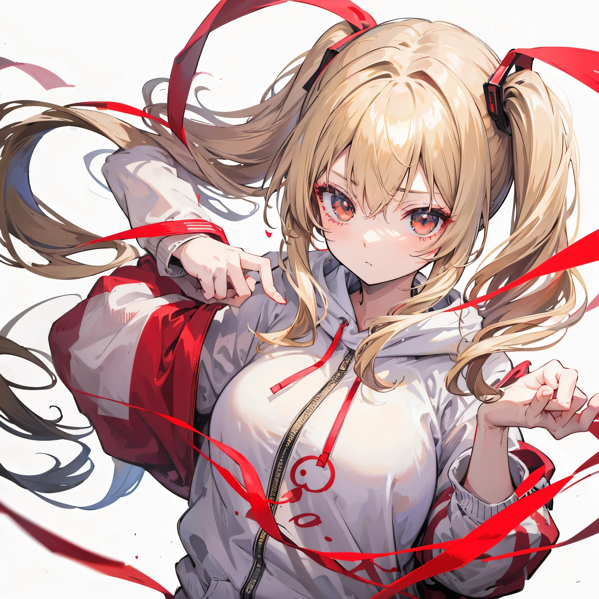 Anime Girls、Beige hair、Eye color red、Twin tails、Big hoodie、Background white、Simple background、