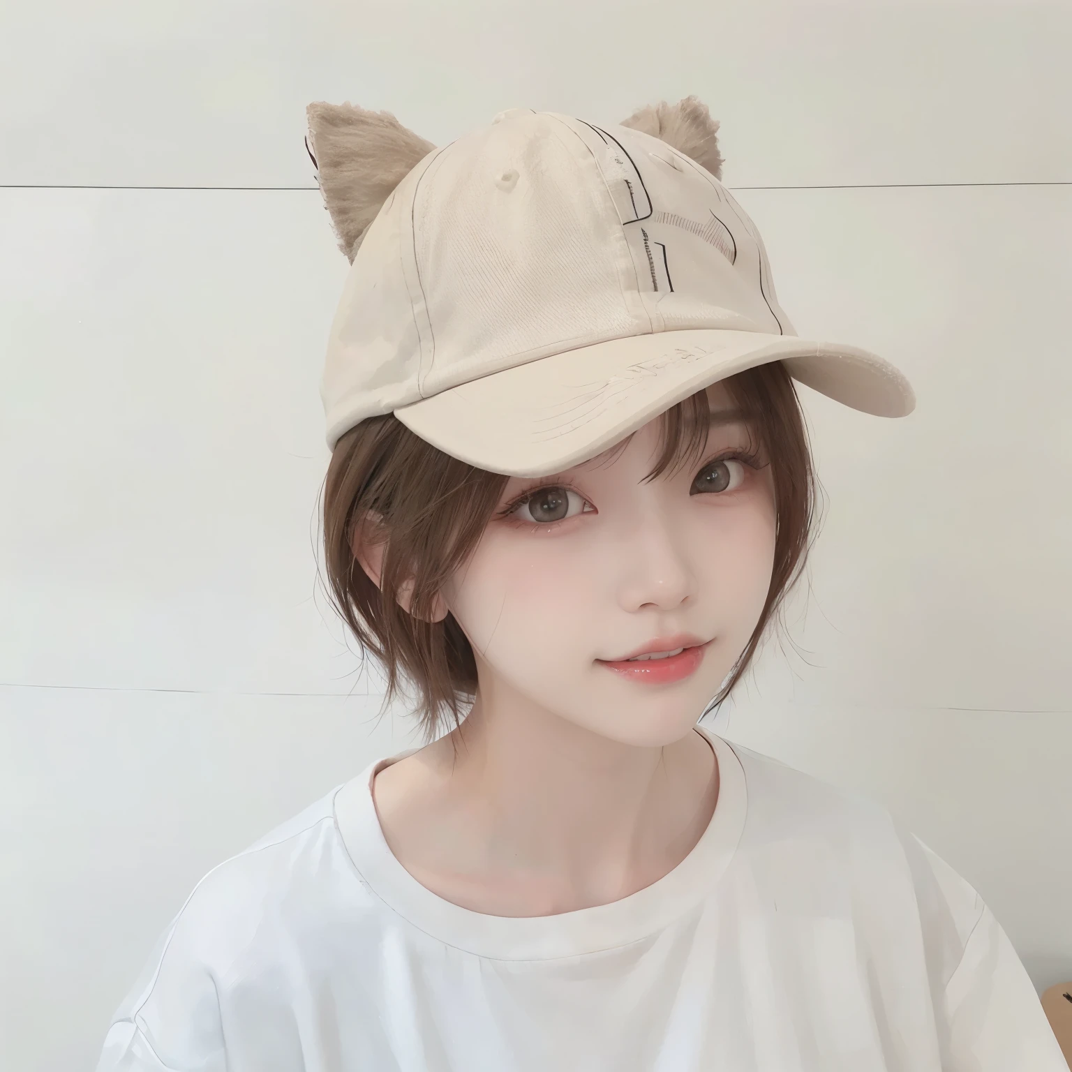 Best image quality、original photo、ultra high resolution、21 years old Korean、small breasts、dynamic angle、Cowboy shooting、The most beautiful form of chaos、elegant、Innovative design、bright colors、,light brown short hair、disheveled hair、light brown eyes 、black baseball cap(Facial expressionSmile)、short bob、Smile、Fair and shiny skin、beautiful eyes,random colors、The details are very beautiful、thin lips、Delicate and beautiful eyes、elongated eyes、Pale pink cheeks、long eyelashes、beautiful double eyelids、eye shadow、he、White Large T-shirt Sweatshirt、baggy pants、Shot from the side、sexy pose、enlarge