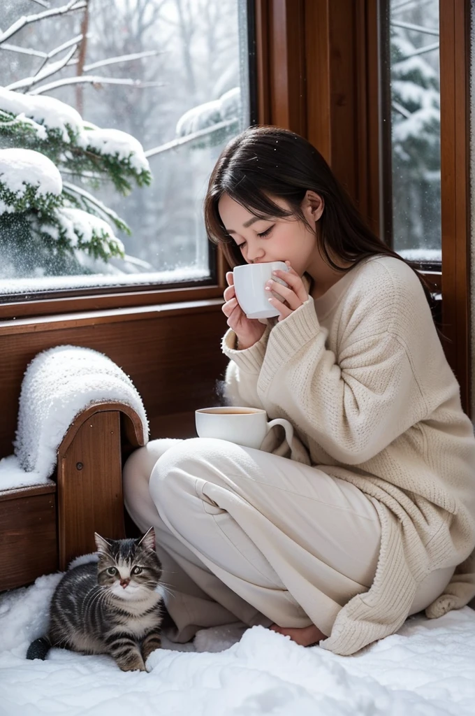 Scene description text In a quiet forest，There is a warm and creative cottage。indoor，A cup of steaming coffee is emitting a rich aroma，Next to coffee，A cute chubby little kitten is curled up lazily。Outdoor，Heavy snow，Snowflakes falling on the windows，Forming a beautiful winter picture。
